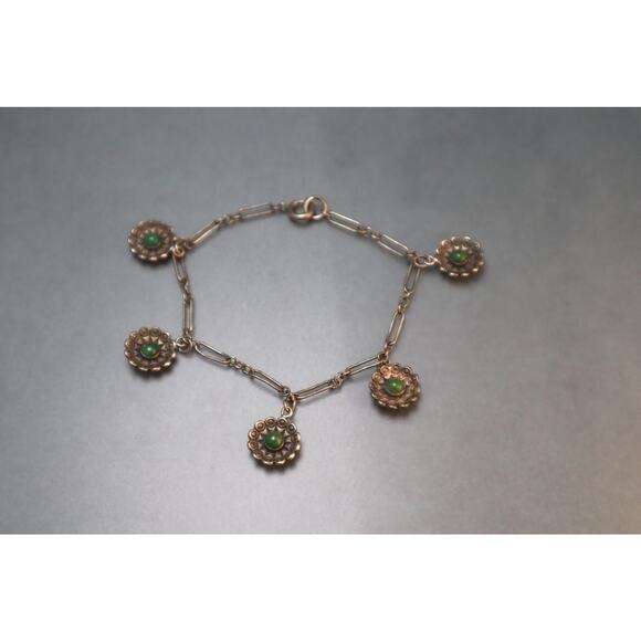 Vintage Sterling Green Stone Flowers Link Bracelet - Picture 4 of 6